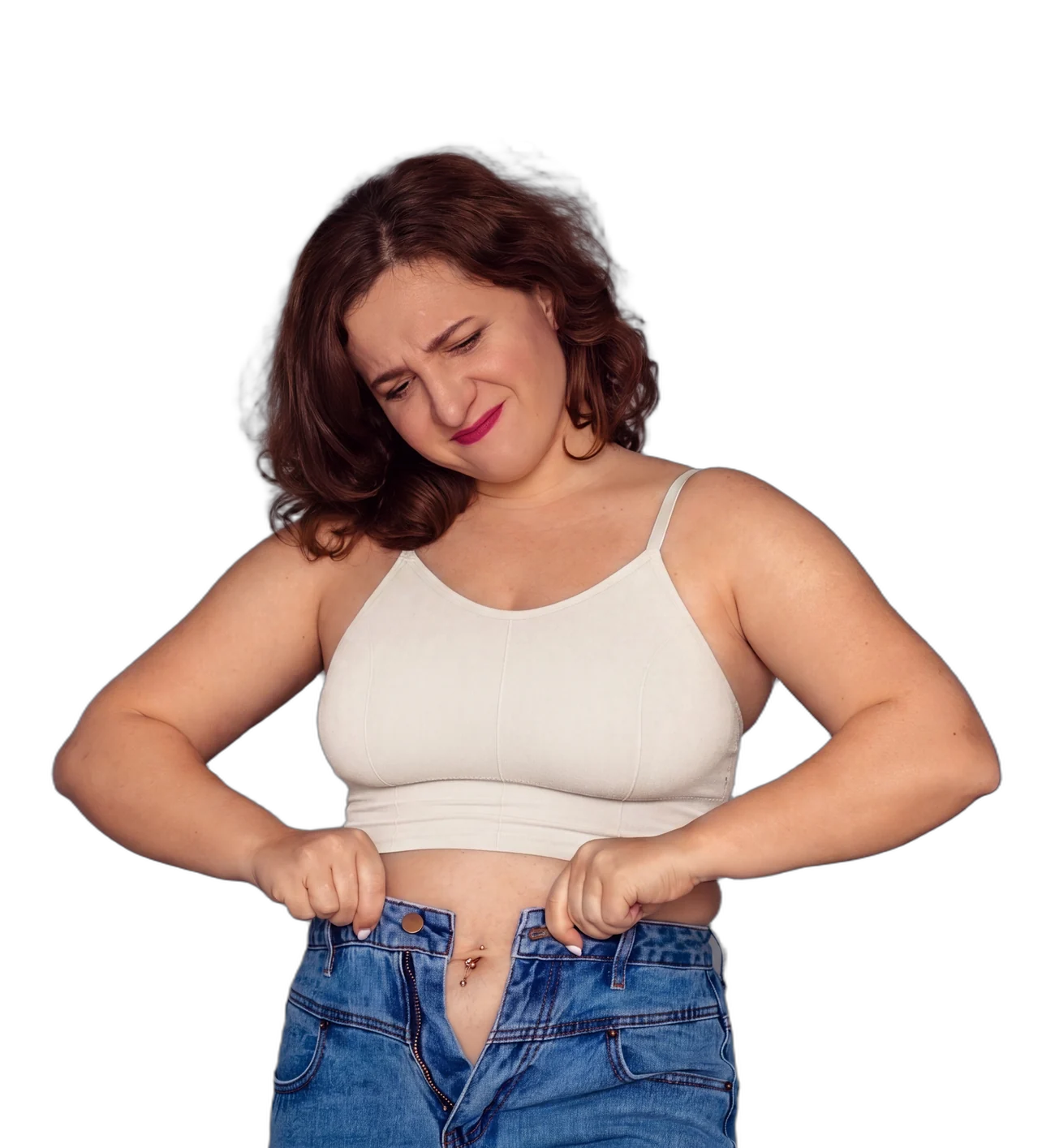 Mulher representando o público 35+, com as mãos sobre a barriga